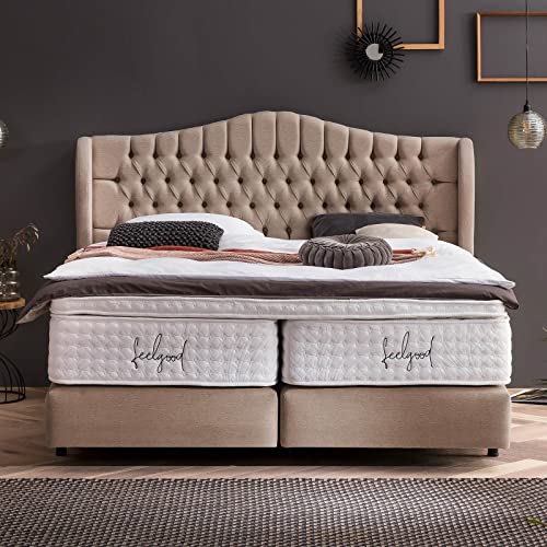 Boxspringbett Maison 180x200 Webstoff, mit Visco-Topper, Schwebeoptik, Hotelbett, ohne Bettkasten, 7 Zonen Taschenfederkern-Matratzen, Aufbau KOSTENLOS (Nougat, 180x200 cm mit Topper) von BettCo