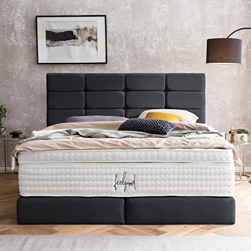 Designer Boxspringbett 200x200 Kansas Webstoff, mit Topper, Polsterbett, Hotelbett, ohne Bettkasten, 7 Zonen Taschenfederkern-Matratzen, Aufbau KOSTENLOS (Schwarz, 200x200 cm mit Topper) von BettCo