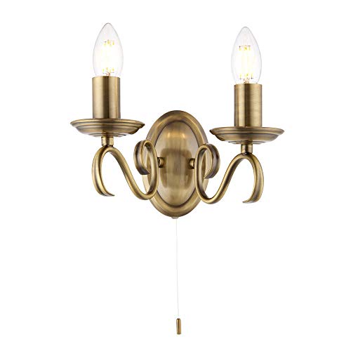 Betta Lighting Dekorative Wandleuchte - Dimmbare Doppelwandleuchten mit Zugakkordschalter - Twisted Arm Indoor Wandlampe - LED Wandleuchte für Schlafzimmer Flur 60W E14 Kerze (nicht enthalten) Messing von Betta Lighting