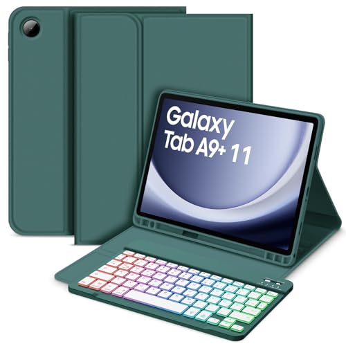 Bettdow für Samsung Galaxy Tab A9+/A9 Plus 2023 Tastatur Hülle, Deutsch QWERTZ Layout Abnehmbarer Beleuchtete Tastatur, Hülle mit Stifthalter für Galaxy Tab A9+ 11 Zoll SM-X210/X215/X216, Dunkelgrün von Bettdow
