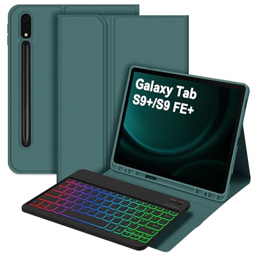 Bettdow für Samsung Galaxy Tab S10+/S10 Plus Tastatur Hülle, QWERTZ Layout Abnehmbarer Beleuchtete Tastatur mit Hülle für Tab S10+/S9+/S9 Plus/S9 FE+/S9 FE Plus 12.4 Zoll, Dunkelgrün von Bettdow