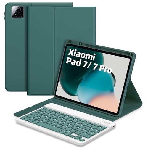 Bettdow für Xiaomi Pad 7 11.2" 2024 Tastatur Hülle, Deutsch QWERTZ Layout Abnehmbarer Beleuchtete Tastatur, Hülle mit Stifthalter für Xiaomi Pad 7/ Pad 7 Pro 11.2 Zoll 2024, Dunkelgrün von Bettdow