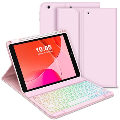 Bettdow für iPad 9.Gen 2021/8.Gen 2020/7.Gen 2019 Tastatur Hülle, Deutsch QWERTZ Layout Magnetisch Abnehmbarer Beleuchtete Tastatur, Hülle mit Stifthalter für iPad 10.2 Zoll 2019-2021, Rosa von Bettdow