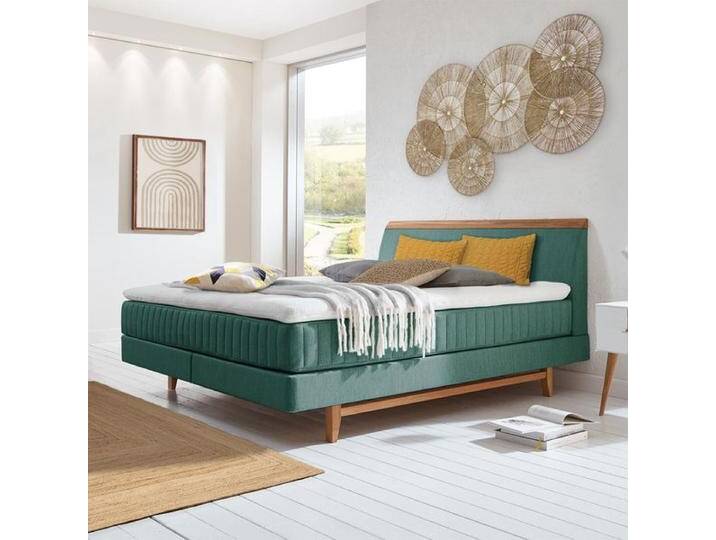 Boxspringbett Akela Eiche Webstoff 140x210cm Taschenfederkern-Box Härtegrad: H2 Grün skandinavisch von Betten.de