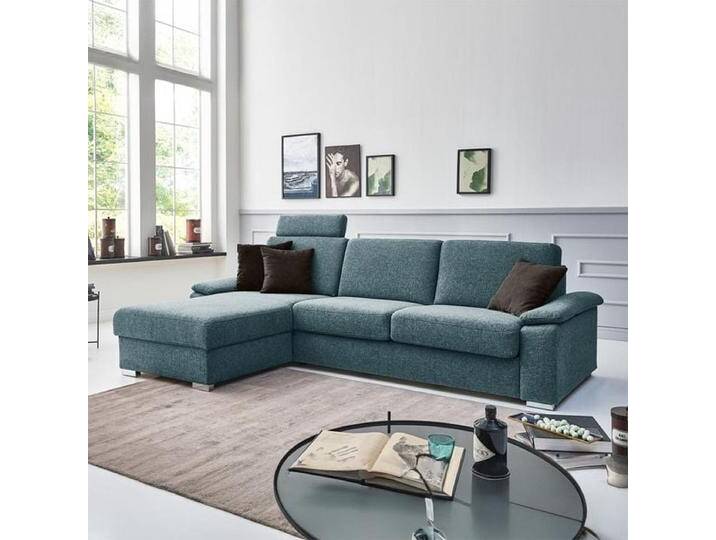 Eck-Schlafsofa Cesio Velours/Webstoff mit Lattenrost und Bettkasten Ottomane links Kunstfaser H:86cm/B:286cm/T:178cm Blau klappbar von Betten.de