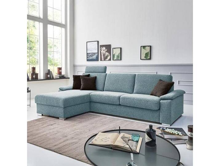 Eck-Schlafsofa Cesio Velours/Webstoff mit Lattenrost und Bettkasten Ottomane links Kunstfaser H:86cm/B:306cm/T:178cm Blau klappbar von Betten.de