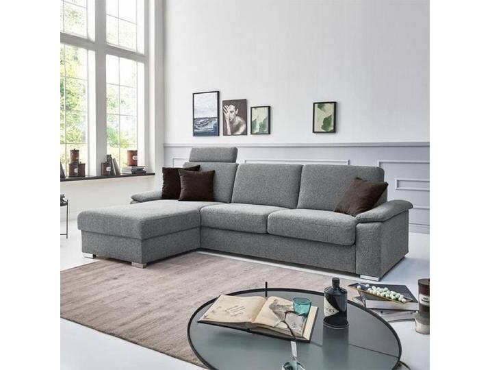 Eck-Schlafsofa Cesio Velours/Webstoff mit Lattenrost und Bettkasten Ottomane links Kunstfaser H:86cm/B:306cm/T:178cm Hellgrau klappbar von Betten.de