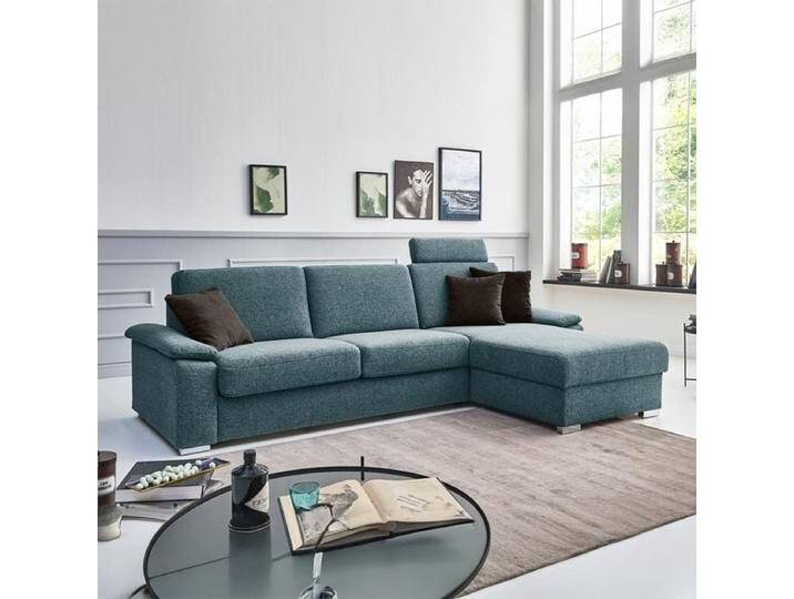 Eck-Schlafsofa Cesio Velours/Webstoff mit Lattenrost und Bettkasten Ottomane rechts Kunstfaser H:86cm/B:286cm/T:178cm Blau klappbar von Betten.de