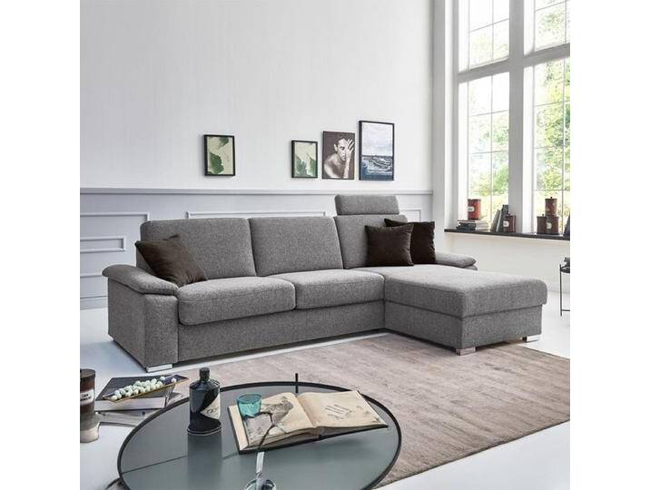 Eck-Schlafsofa Cesio Velours/Webstoff mit Lattenrost und Bettkasten Ottomane rechts Kunstfaser H:86cm/B:306cm/T:178cm Hellgrau von Betten.de