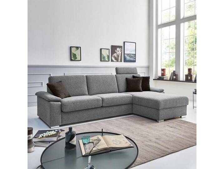 Eck-Schlafsofa Cesio Velours/Webstoff mit Lattenrost und Bettkasten Ottomane rechts Kunstfaser H:86cm/B:306cm/T:178cm Hellgrau von Betten.de