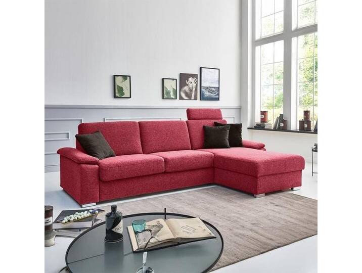 Eck-Schlafsofa Cesio Velours/Webstoff mit Lattenrost und Bettkasten Ottomane rechts Kunstfaser H:86cm/B:306cm/T:178cm Rot klappbar von Betten.de