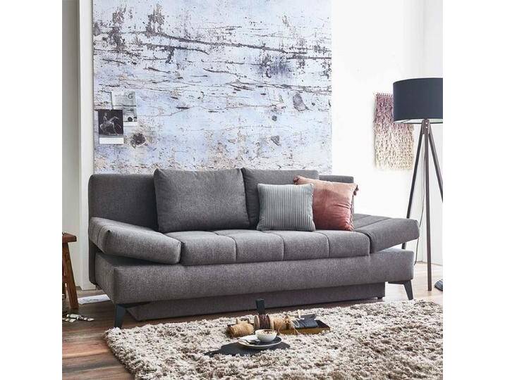 Schlafsofa Amedeo Webstoff/Velours mit Lattenrost und Bettkasten Kunstfaser H:90cm/B:208cm/T:102cm Dunkelgrau klappbar ausziehbar von Betten.de