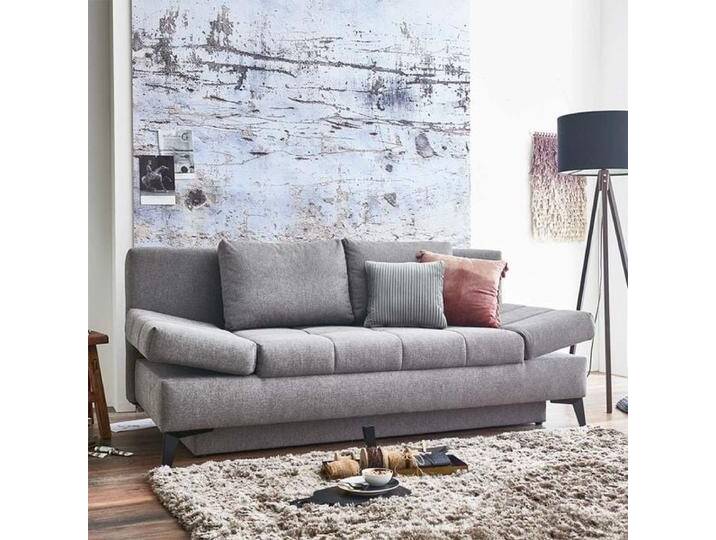 Schlafsofa Amedeo Webstoff/Velours mit Lattenrost und Bettkasten Kunstfaser H:90cm/B:208cm/T:102cm Hellgrau klappbar ausziehbar von Betten.de