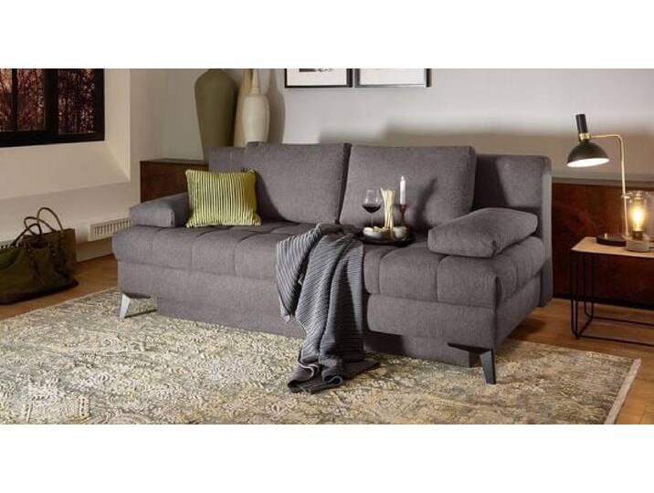 Schlafsofa Pasqua Velours mit Lattenrost und Bettkasten Kunstfaser H:90cm/B:200cm/T:107cm Dunkelgrau klappbar ausziehbar von Betten.de