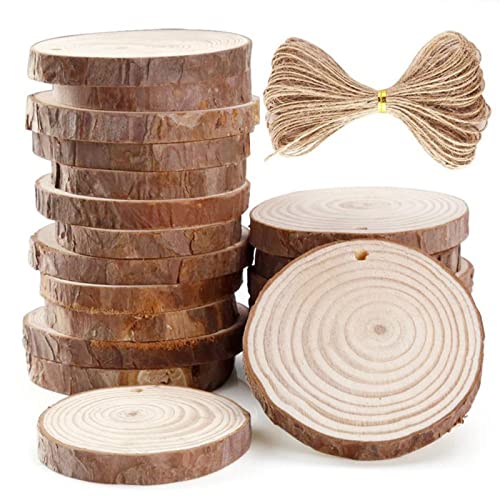 20 Stück Holzscheiben, BetterJonny Rund 8-9cm Holz Log Scheiben Kit mit Loch Unvollendete Holzkreise für DIY, Basteln, Hochzeit, Weihnachten Dekoration von BetterJonny