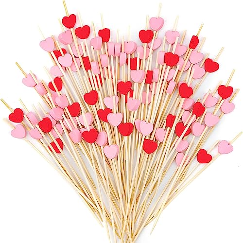 200 Stück Cocktail Picks Holz, BetterJonny Herzförmige Cocktailspieße Handgefertigte Obst Sticks Holz Fingerfood Partypicker Bambus Zahnstocher mit Deko für Fingerfood Grillgut Obst, Rosa Rot von BetterJonny