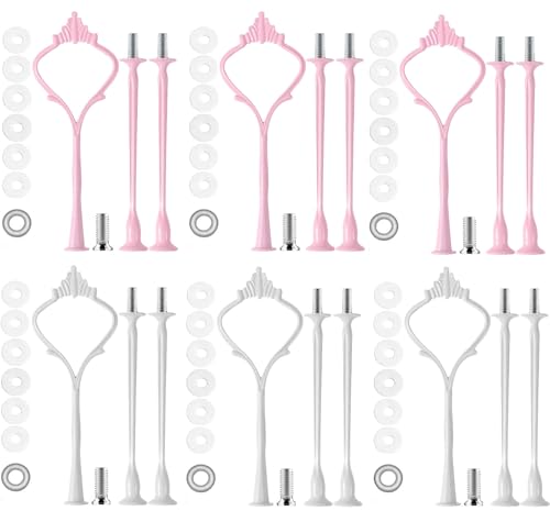 BetterJonny 6 Set Etageren Stangen Set, Etagere Bausatz Metallstangen Etagerenhalter Mittellochausstech 2 bis 3 Etage für Hochzeitstorte Tortenhalter Torten Etagere Tortenständer Weiß Rosa von BetterJonny