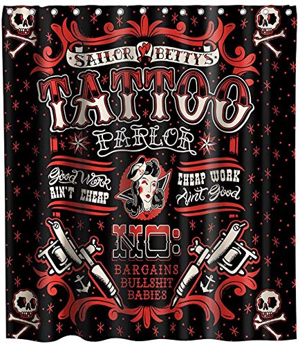 BetterJonny Duschvorhang Tattoo, Sailor Bettys Shower Curtain mit ösen und 12 Duschringen Retro Skelett Mädchen Kreative Badezimmer Badewanne Deko für Tattoo Studio Halloween Party Hause, 180x200cm von BetterJonny