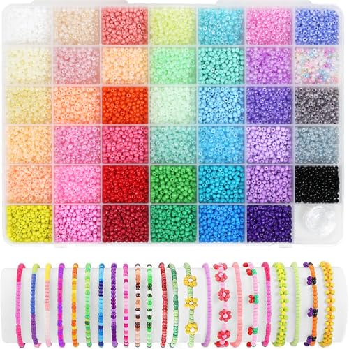 BetterJonny Pony-Perlen, 41 Farben, 3 mm, Glas-Rocailles mit Schnur, bunte kleine Regenbogenperlen mit Aufbewahrungsbox für selbstgemachte Schmuck, Armbänder, Halsketten, Bastelarbeiten von BetterJonny