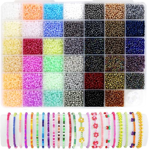 BetterJonny Pony-Perlen, 41 Farben, 3 mm, Glas-Rocailles mit Schnur, bunte kleine Regenbogenperlen mit Aufbewahrungsbox für selbstgemachte Schmuck, Armbänder, Halsketten, Bastelarbeiten von BetterJonny