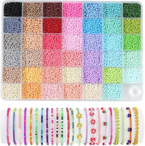 BetterJonny Pony-Perlen, 41 Farben, 3 mm, Glas-Rocailles mit Schnur, bunte kleine Regenbogenperlen mit Aufbewahrungsbox für selbstgemachte Schmuck, Armbänder, Halsketten, Bastelarbeiten von BetterJonny