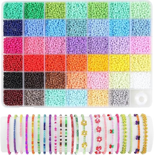 BetterJonny Pony-Perlen, 41 Farben, 3 mm, Glas-Rocailles mit Schnur, bunte kleine Regenbogenperlen mit Aufbewahrungsbox für selbstgemachte Schmuck, Armbänder, Halsketten, Bastelarbeiten von BetterJonny