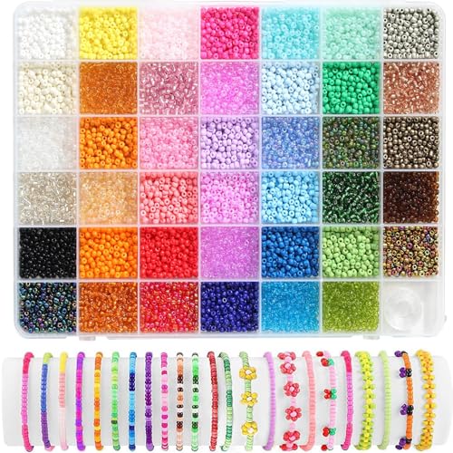 BetterJonny Pony-Perlen, 41 Farben, 3 mm, Glas-Rocailles mit Schnur, bunte kleine Regenbogenperlen mit Aufbewahrungsbox für selbstgemachte Schmuck, Armbänder, Halsketten, Bastelarbeiten von BetterJonny