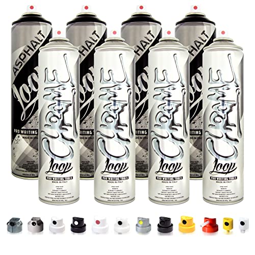 Betterrun LOOP Sprühdosen Set - Silber Schwarz - 8 x 600ml + 10x Sprühaufsätze/Graffiti Spray Cans von Loopcolors von Betterrun
