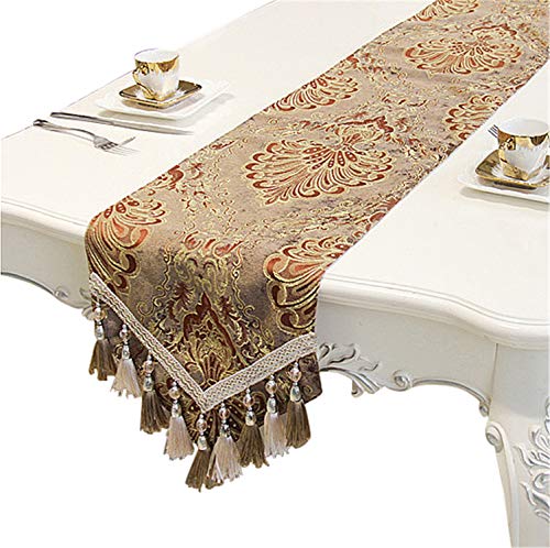 Bettery Home Stickerei Luxus Tischl?Ufer Jacquard Stoff Tischl?Ufer mit Mehreren Quasten f¨¹r Esszimmer Kommode Hochzeitsfeier Dekorationen, 33x210cm, Braun von Bettery Home