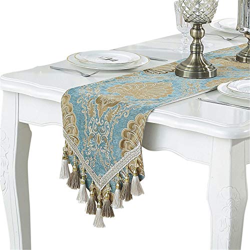 Bettery Home Stickerei Luxus Tischl?Ufer Jacquard Stoff Tischl?Ufer mit Mehreren Quasten f¨¹r Esszimmer Kommode Hochzeitsfeier Dekorationen, 33x250cm, Blau von Bettery Home