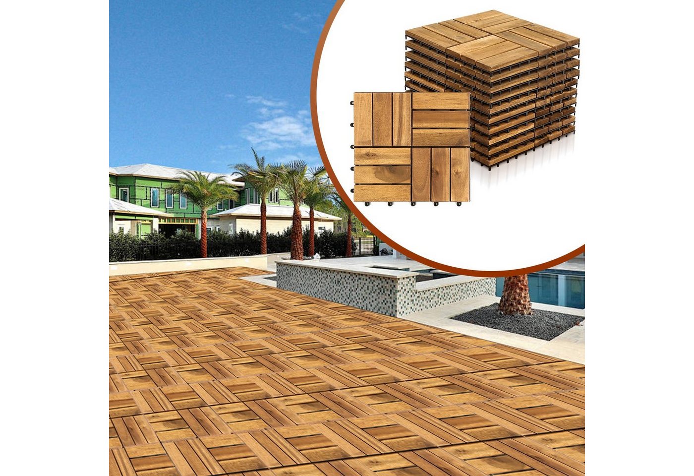 Bettizia Holzfliesen 1-10 Terrassenfliesen, 11-110 Stück, Akazien-Holz Balkonplatten - 4, 44er Set, 44 St., 30x30cm = 1qm pro Fliese, rutschfest, Stecksystem, langlebig von Bettizia