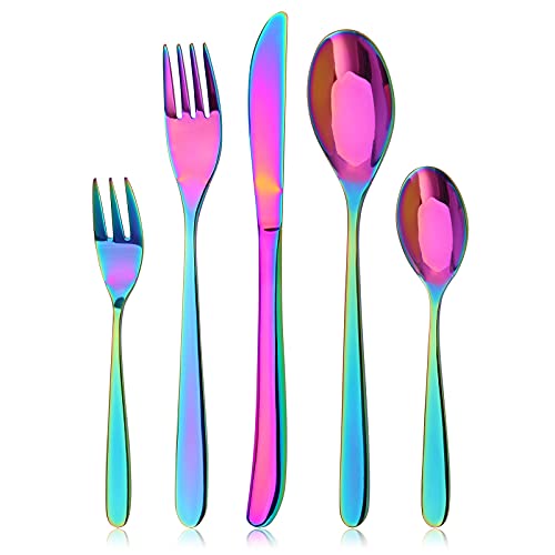 Regenbogen Besteck Set, Bettlife 30-teilig Besteckset für 6 Personen mit Messer/Gabel/Löffel, Edelstahl Essbesteck Spiegelpoliert, Menübesteck Tafelbesteck Set, Spülmaschinenfest von Bettlife