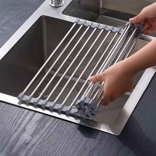 Abtropfgestell Geschirr, Abtropfständer Küche Geschirrabtropfgestell, Klappbare Küchenregal Über dem Spüle Küchen Organizer, Abtropfmatte Abtropfgitter Geschirrtrockner aus Edelstahl,Grau,50*35cm von Bettschlange