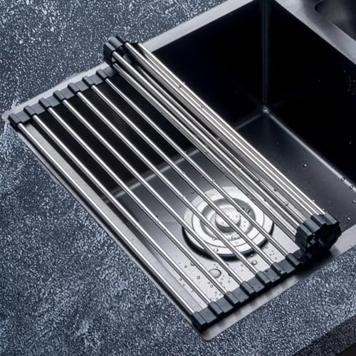 Abtropfgestell Geschirr, Abtropfständer Küche Geschirrabtropfgestell, Klappbare Küchenregal Über dem Spüle Küchen Organizer, Abtropfmatte Abtropfgitter Geschirrtrockner aus Edelstahl,Schwarz,52*35cm von Bettschlange