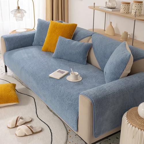 Bettschlange Samt Sofabezug 1 2 3 4 Sitzer, Rutschfester Sofaschoner,L Form Sofaüberwurfe, Ecksofa Sofa überzug Pets Dog Couch überzug Anti-rutsch Sofaschutz(Blau,90x210cm) von Bettschlange