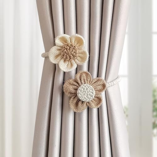 Bettschlange Vorhang Raffhalter, 2 Stück Blumen Raffhalter für vorhänge, Boho Handgestrickte Gardinenband, Gardinenhalter für Schlafzimmer Office Wohnzimmer,Weiß+Curry von Bettschlange