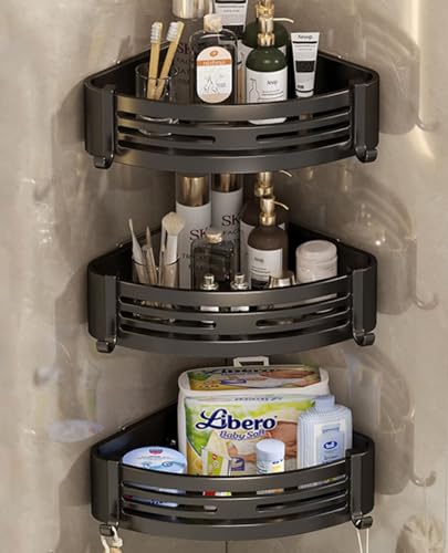 Duschablage Ecke ohne Bohren, 2 Stück Duschregal mit 6 Haken, Duschkörbe, Selbstklebend Eckregal Badezimmer Organizer für Bad Küche Toilette, Badregal Ohne Bohren mit Klebstoff, Aluminium, Schwarz von Bettschlange