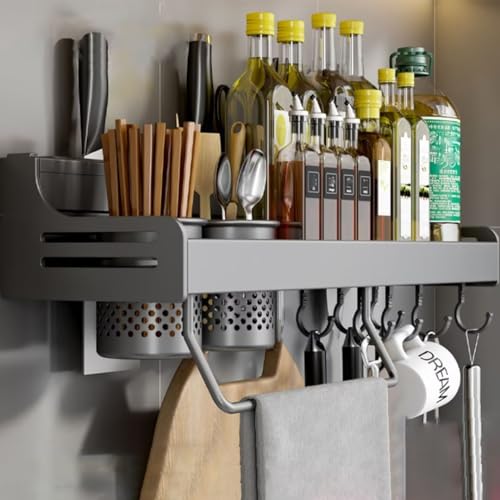 Gewürzregal, Gewürzregal Hängend, GewürzregaleKüchenregal wand ohne Bohren, Gewürz Organizer mit Messerschlitz, Haken, Becher, Küchenregal Wand für Gewürze,60cm Gunmetal Grau von Bettschlange