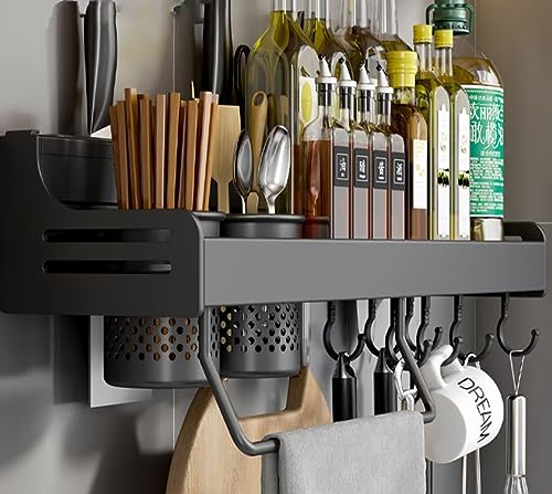 Gewürzregal, Küchenregal Hängend Ohne Bohren und Bohrinstallation, Gewürz Organizer mit Messerschlitz, Haken, Becher, Küchenregal Wand für Gewürze, Aluminium Gewürzregal für Küche,40cm Schwarz von Bettschlange