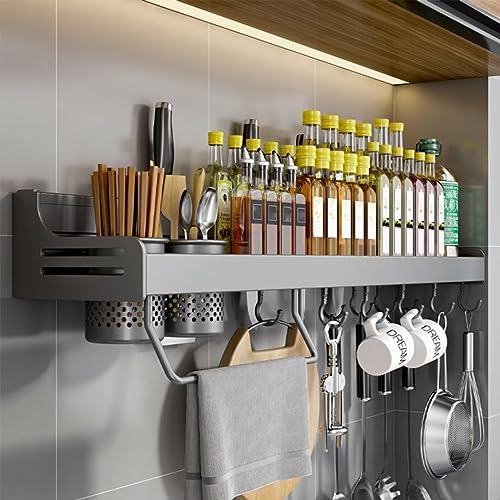 Gewürzregal, Küchenregal Hängend Ohne Bohren und Bohrinstallation, Gewürz Organizer mit Messerschlitz, Haken, Becher, Küchenregal Wand für Gewürze, Aluminium Gewürzregal für Küche,40cm Gunmetal Grau von Bettschlange