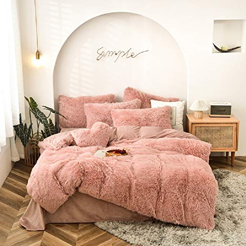 CoutureBridal Warm Winter Bettwäsche 220x240cm Rosa Altrosa Plüsch Langhaar Flauschig Flanell Biber Bettbezug mit Reißverschluss und 2 Kissenbezug 80x80cm Doppelbett Deckenbezug von CoutureBridal