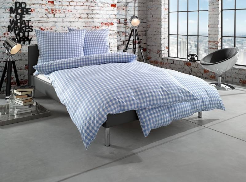 Bettwaesche-mit-Stil Mako-Batist Landhaus Bettwäsche „Oslo“ Karo hellblau Kissen 40x80 von Bettwaesche-mit-Stil