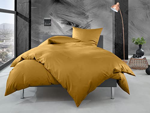 Bettwaesche-mit-Stil Mako Perkal Bettwäsche Uni einfarbig Gold (Garnitur 200x200 + 2X 80x80 cm) von Bettwaesche-mit-Stil