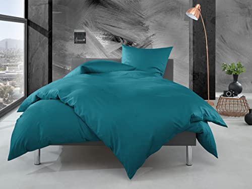 Bettwaesche-mit-Stil Mako Perkal Bettwäsche Uni einfarbig Petrol blau (Garnitur 200x200 + 2X 80x80 cm) von Bettwaesche-mit-Stil