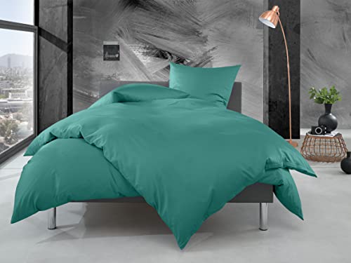 Bettwaesche-mit-Stil Mako Perkal Bettwäsche Uni einfarbig Petrol grün (Garnitur 135x200 + 80x80 cm) von Bettwaesche-mit-Stil