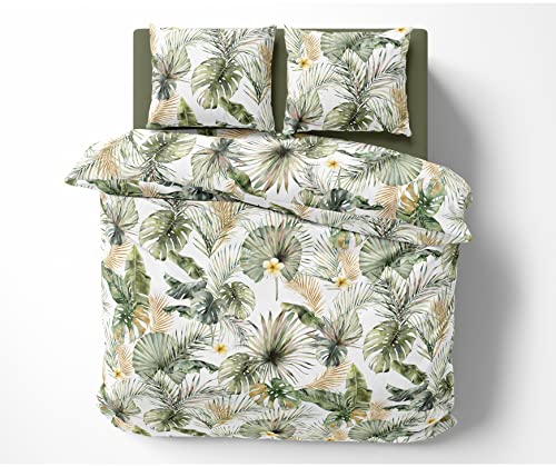Bettwaesche-mit-Stil Mako Satin Bettwäsche Blätter und Palmen weiß (Garnitur 135x200 + 80x80 cm) von Bettwaesche-mit-Stil