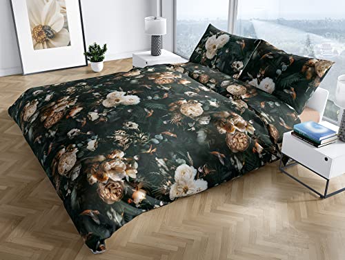 Bettwaesche-mit-Stil Mako Satin Bettwäsche Floral Romantic anthrazit (Garnitur 155x220 + 80x80 cm) von Bettwaesche-mit-Stil