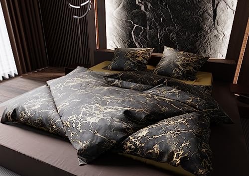 Bettwaesche-mit-Stil Mako Satin Bettwäsche Marmor schwarz/Gold (Garnitur 155x200 + 80x80) von Bettwaesche-mit-Stil