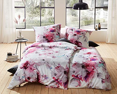 Bettwaesche-mit-Stil Mako Satin Blumen Bettwäsche Magnolie rosa türkis - Kissenbezug 40x80 cm - 100% Baumwolle von Bettwaesche-mit-Stil