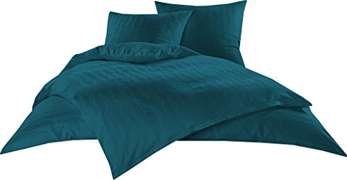 Bettwaesche-mit-Stil Mako Satin Damast Bettwäsche Waves Petrol Blau (240 cm x 220 cm + 2X 80x80cm Kissen) von Bettwaesche-mit-Stil